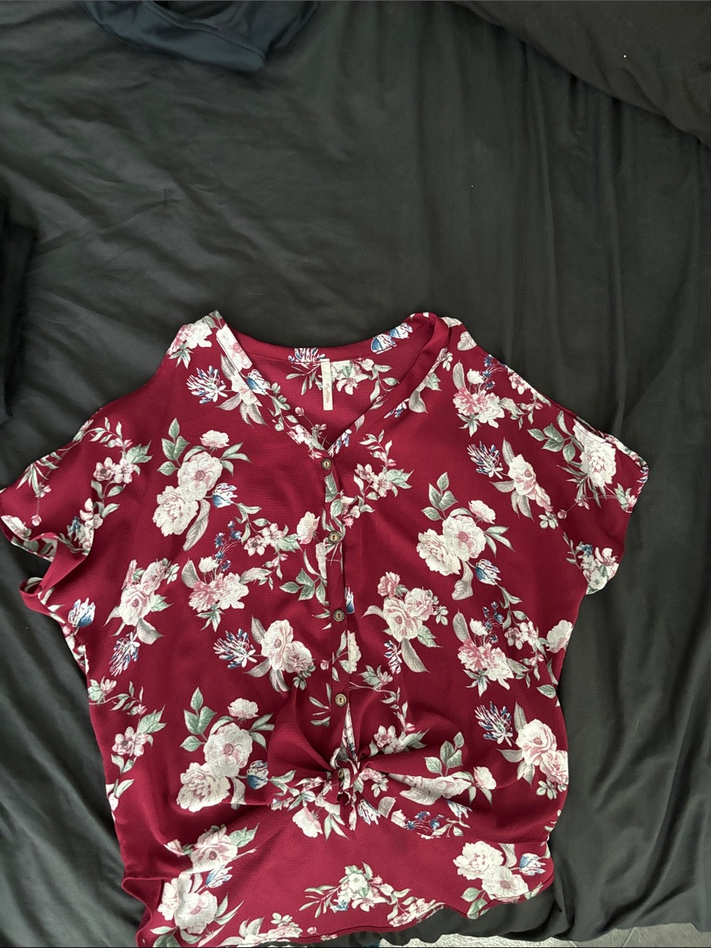 Floral Tie-Front V-Neck Blouse in Burgundy